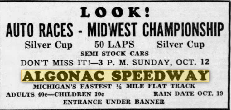 Algonac Speedway - Oct 10 1941 Ad
